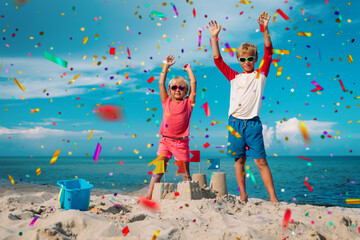 happy boy and girl celebration on beach - 380968971