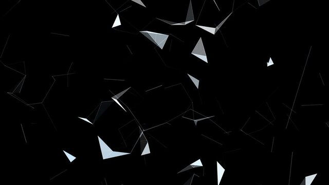 Abstract glass effect network lines and triangles motion movement on black background. 