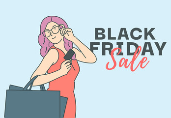 Black Friday banner concept. Beautiful girl is carrying a shopping bag and smiling happily, she spends via credit card. Hand drawn thin line style, vector illustrations.