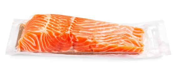Vacuum packed salmon portion fillet isolated on white background