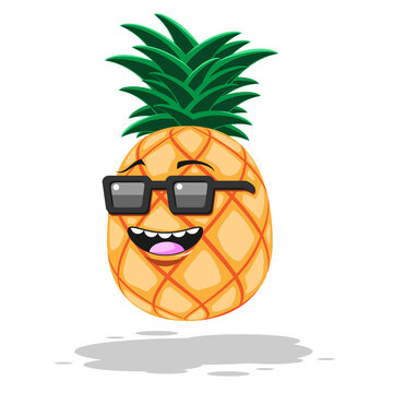 Cartoon pineapple in sunglasses smile on white isolated background. Vector image