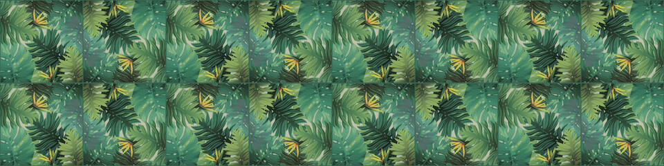Fototapeta na wymiar Seamless green abstract pattern floral tropical exotic tropics, branched palm tree leaves flower jungle wallpaper square mosaic, tiles texture background banner panorama