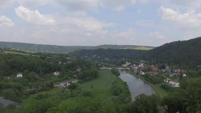 Fly over river with a bridge