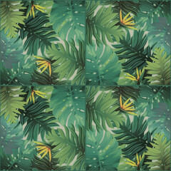 Naklejka na ściany i meble Seamless green abstract pattern floral tropical exotic tropics, branched palm tree leaves flower jungle wallpaper square mosaic, tiles texture background