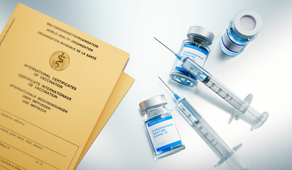 Syringe and coronavirus vaccine with vaccination certificate