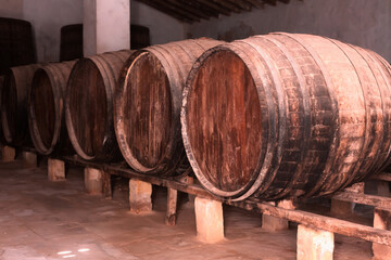 Wine barrels stacked in the old cellar of the vinery in Spain