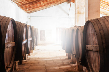 Obraz na płótnie Canvas Wine barrels stacked in the old cellar of the vinery in Spain