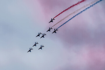 Patrouille Acrobatique de France (acrobatic patrol of France) - precision aerobatic demonstration team of French Air Force on 51st International Paris Salon (Le Bourget). PARIS, FRANCE. 