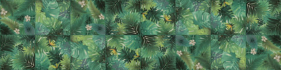 Seamless green abstract pattern floral tropical exotic tropics, branched palm tree monstera leaves flower jungle wallpaper square mosaic, tiles texture background banner panorama