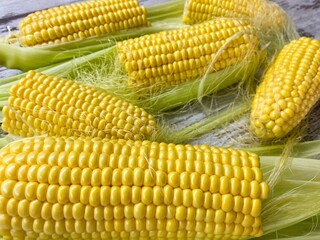 Close-up of ripe raw corn swings on an abstract wooden surface.The concept of proper healthy nutrition, agriculture.