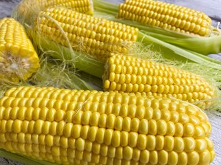 Close-up of ripe raw corn swings on an abstract wooden surface.The concept of proper healthy nutrition, agriculture.