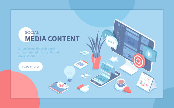 Social Media Content. Marketing strategy to attract users attention. Viral Marketing and Social Media Sharing. Isometric vector illustration for poster, presentation, banner, website.