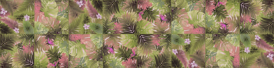 Fototapeta na wymiar Seamless green pink abstract pattern floral tropical exotic tropics, branched palm tree leaves flower jungle wallpaper square mosaic, tiles texture background banner panorama