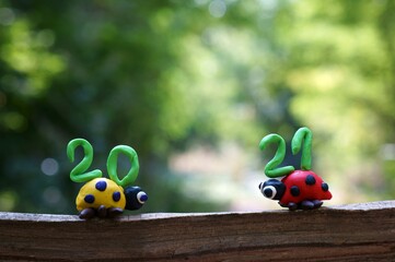 Figures of two ladybirds on a colored background. Next to the number 2021.