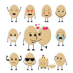 Cartoon emoji set with eggs. Cute social media emotions for chatting pack. Sticker pack on isolated white background. Vector flat illustration.