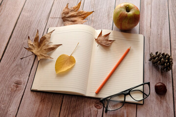 Naklejka na ściany i meble autumn still life with apples and notebook