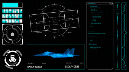 Futuristic HUD elements on a computer display with military plane scheme, code and navigation system on a screen. Hitech Illustration