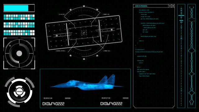 Futuristic HUD Elements On A Computer Display With Military Plane Scheme, Code And Navigation System On A Screen. Hitech Illustration