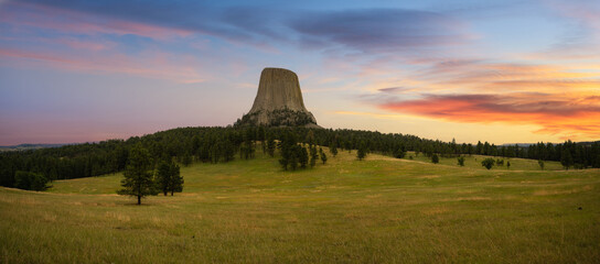 Colorful sunrise at Devils Tower in Wyoming