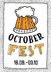 Hand-drawn Oktoberfest poster. Mug of beer.