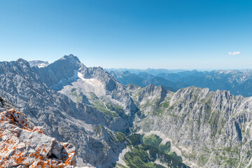 View from the summit of the mountain Alpspitze to the famous Zugspitze in Germany.