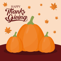 happy thanksgiving day with pumpkins and leaves vector design