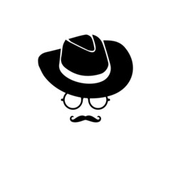 cowboy hat with glasses and moustache simple black and white vector illustration
