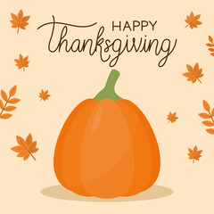 happy thanksgiving day with pumpkin and leaves vector design