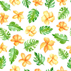 Watercolor seamless pattern with yellow hibiscus. Design for dresses with orange flowers. Seamless illustration with tropical plants for the decoration of Wallpaper, fabrics, tableware, postcards.