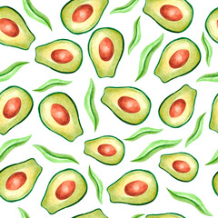 Watercolor seamless pattern with avocado on a white background. Green avocados with leaves in watercolor technique for decorating clothes, fabrics, notebooks. Watercolor print.