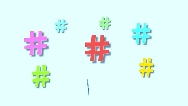 Funny background with dancing and moving hashtags - web and communication signs.