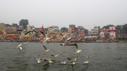 Ghats of Varanasi early in the morning, Ganges, Ganga, Boats, Subha Banaras, Uttar Pradesh, India 