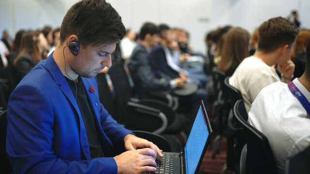 Crowd Student Study Forum Businessman Auditorium College. Education Audience Person Typing Keyboard. Studying Crowded Seminar Type Notebook. Auditorium Group People Listen Education Speech High School