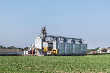 Fototapeta na wymiar Modern Granary elevator with silver silos on agro-processing and manufacturing plant for processing drying cleaning and storage of agricultural products, flour, cereals and grain.