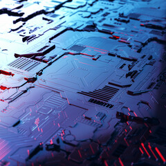 A close-up microchip with many electrical components placed on the Board. The background is blurred.