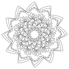 Mandala with curls and bunches of leaves, double circular pattern with repeating elements, coloring page with zen outline drawing