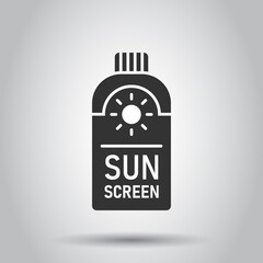 Sun protection icon in flat style. Sunblock cream vector illustration on white isolated background. Spf care business concept.