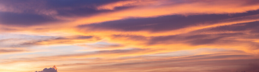 Twilight panorama sky background, orange cloud after sunset.