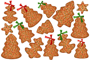 Bright cookies in Christmas tree- form. Clip art set on white background