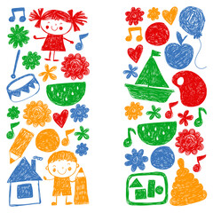 Kindgergarten vector pattern. Kids drawing style. Children play and grow, creativity and imagination. School student.