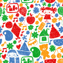 Kindgergarten vector pattern. Kids drawing style. Children play and grow, creativity and imagination. School student.