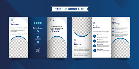 Corporate business trifold brochure template. Modern, Creative and Professional tri fold brochure vector design. Simple and minimalist promotion layout with blue color.