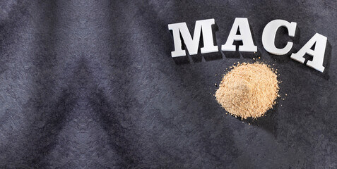 Organic maca powder - Lepidium meyenii. Text space