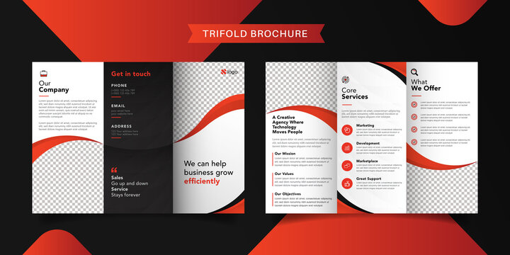 Corporate business trifold brochure template. Modern, Creative and Professional tri fold brochure vector design. Simple and minimalist promotion layout with red color.