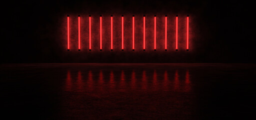 Glowing vertical stripes of red against the concrete wall, reflected on the glossy floor. Neon lights form a horizontal stripe in a dark space. 3D Render.