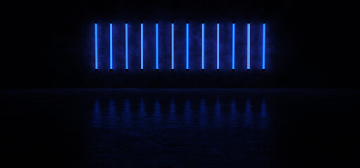 Glowing vertical stripes of blue against the concrete wall, reflected on the glossy floor. Background of neon lamps in the style of the 80's. 3D Render.