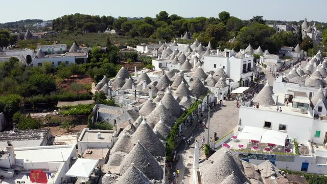 Beautiful aerial view of the traditional trulli houses in Alberobello, province Bari, region Puglia, Italy