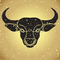 Bull head. Stylized black silhouette vector icon isolated on gold background.