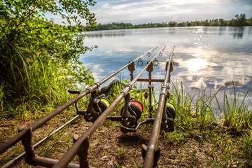 Carpfishing session at the Lake.Carp Angling scenic landscape overlooking lake at Dawn.Fishing...