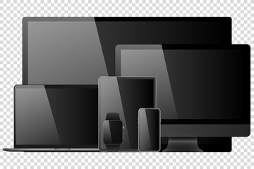 laptop, computer, tablet, mobile, watch mockup isolated blank screen vector set. white monitor touchscreen gadget technology equipment. phone, smartphone, smartwatch on background